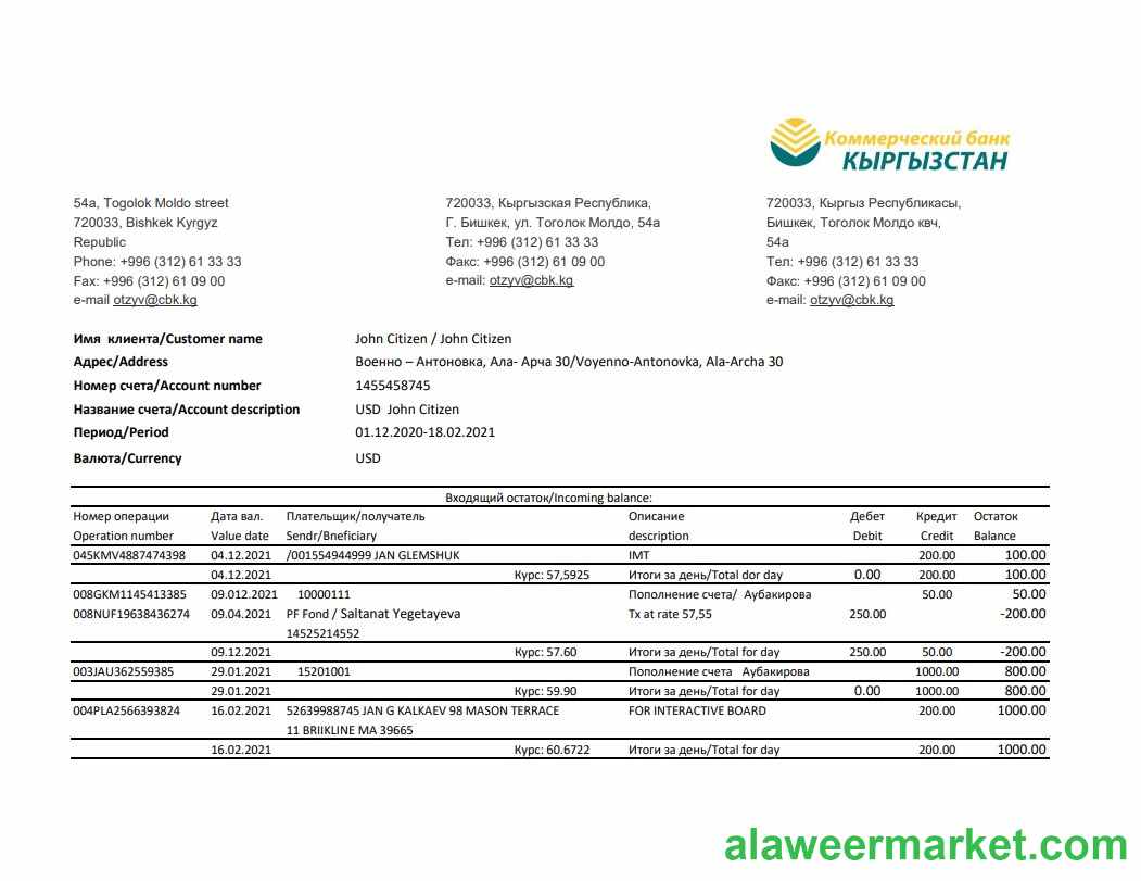 Kyrgyzstan Kirgizbank bank statement easy to fill template in Excel and PDF format